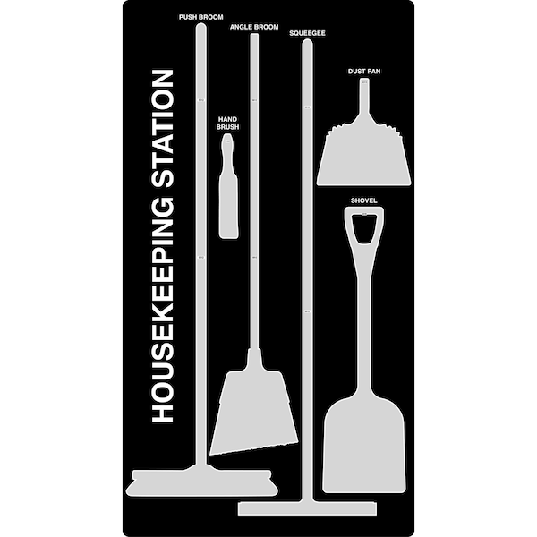 5S Housekeeping Shadow Board Broom Station Version 8 - Black Board / Gray Shadows  With Broom